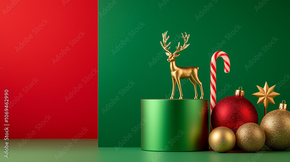 Fototapeta premium Christmas Display with Golden Decorations and Empty Podiums