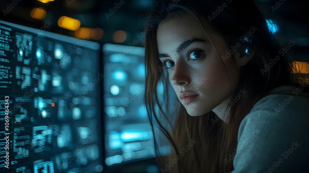 Woman Looking at Computer Screen - Realistic Image Woman Looking at Computer Screen - Realistic Image