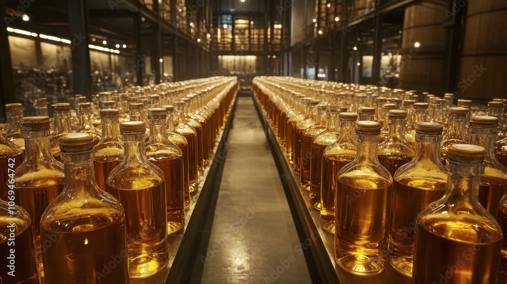 Bottles of Golden Liquid in Distillery Warehouse Bottles of Golden Liquid in Distillery Warehouse