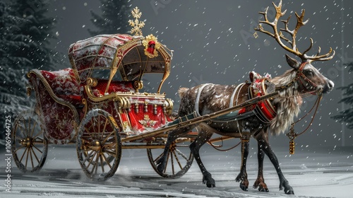 Reindeer pulling a red chariot with gold accents, Christmas holiday concept. photo