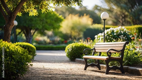 Serene park scene featuring a wooden bench surrounded by greenery.