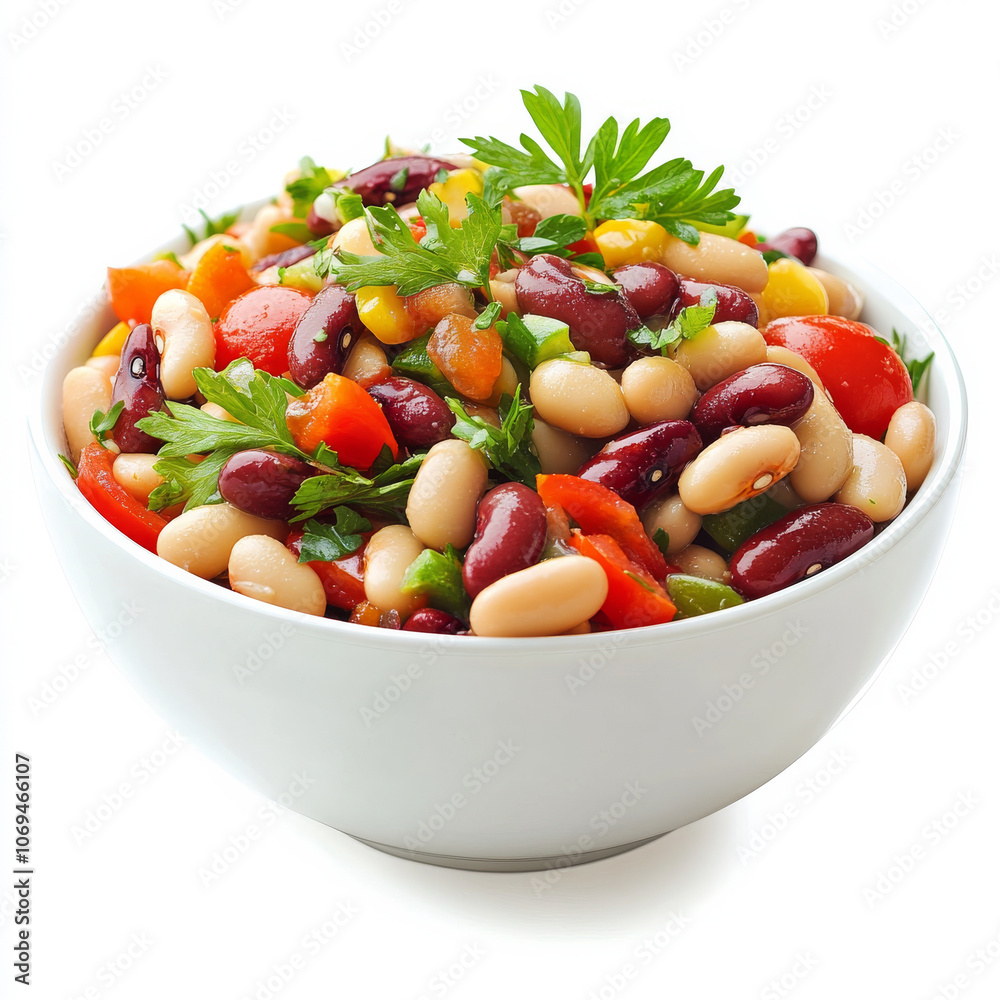 A bowl of mixed bean salad with herbs, isolated on a white background, emphasizing a healthy and colorful dish A bowl of mixed bean salad with herbs, isolated on a white background, emphasizing a healthy and colorful dish