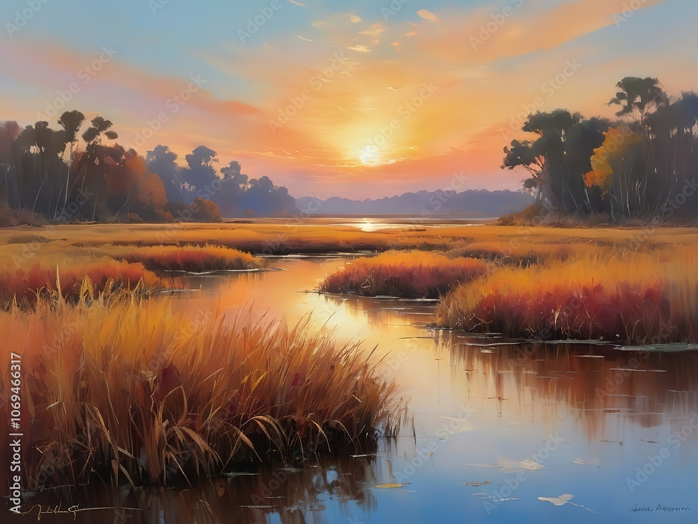 Fototapeta premium Serene sunset over a tranquil marshland with vibrant grasses.