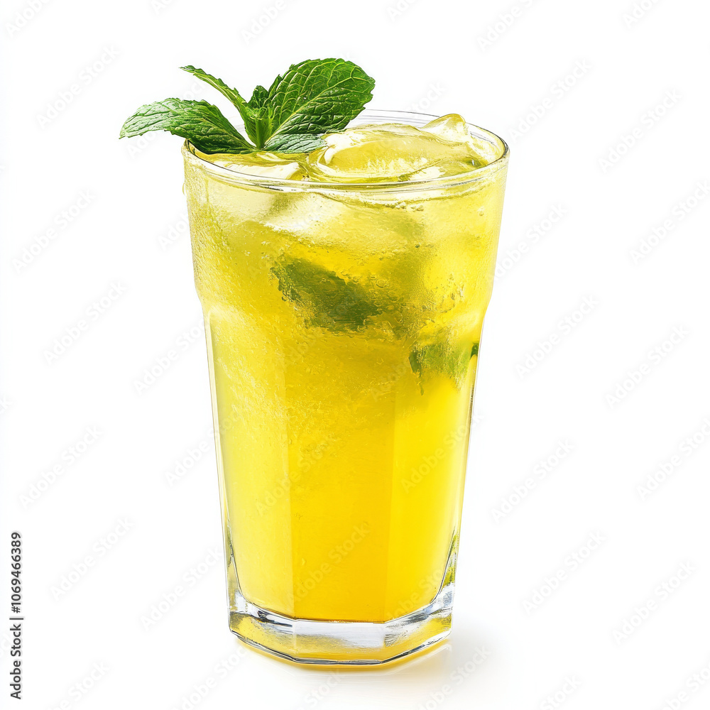A glass of chilled mint lemonade, isolated on a white background, highlighting a refreshing beverage A glass of chilled mint lemonade, isolated on a white background, highlighting a refreshing beverage