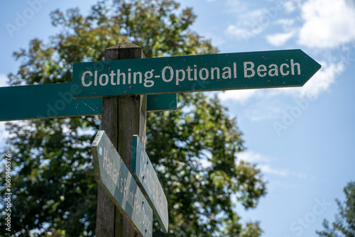 Photography Clothing Optional Beach sign in Toronto Islands.