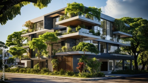 Modern apartment building with green roof and balconies, surrounded by trees.