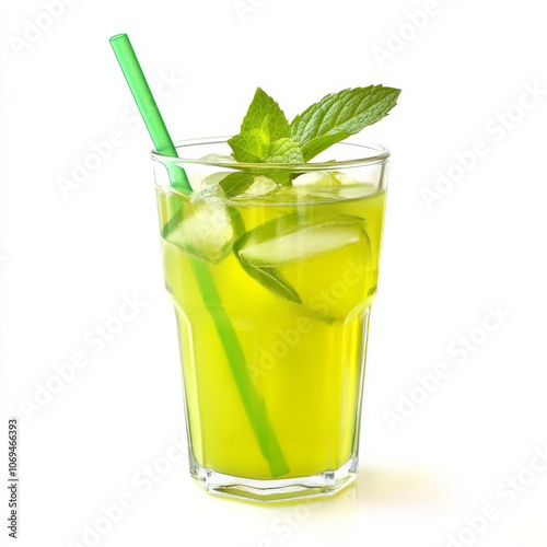 A glass of chilled mint lemonade, isolated on a white background, highlighting a refreshing beverage