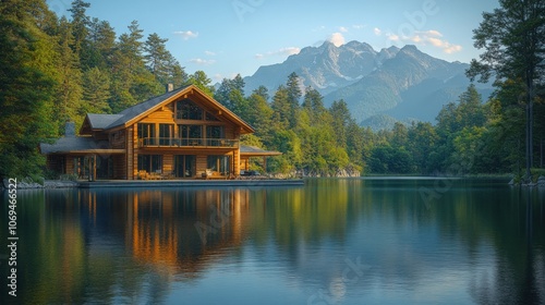 A wooden house with a large deck sits on the edge of a lake with mountains in the background. The water is still and reflects the sky and the house.