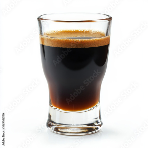 A glass of freshly brewed espresso, isolated on a white background, emphasizing a rich coffee shot