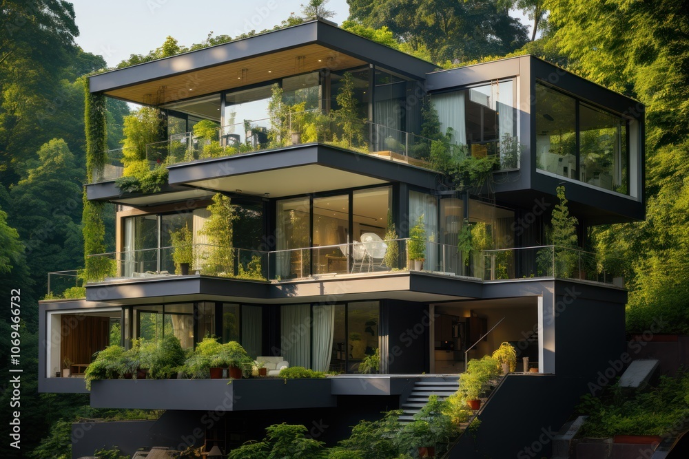 Modern house with a green roof and large windows, nestled in a lush forest. Modern house with a green roof and large windows, nestled in a lush forest.