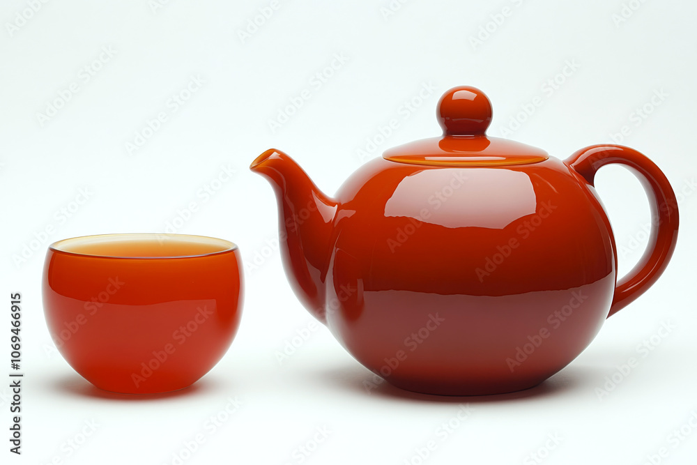 Red ceramic teapot and matching cup sit side by side on a white background. Concept of simplicity and harmony in design. Red ceramic teapot and matching cup sit side by side on a white background. Concept of simplicity and harmony in design.