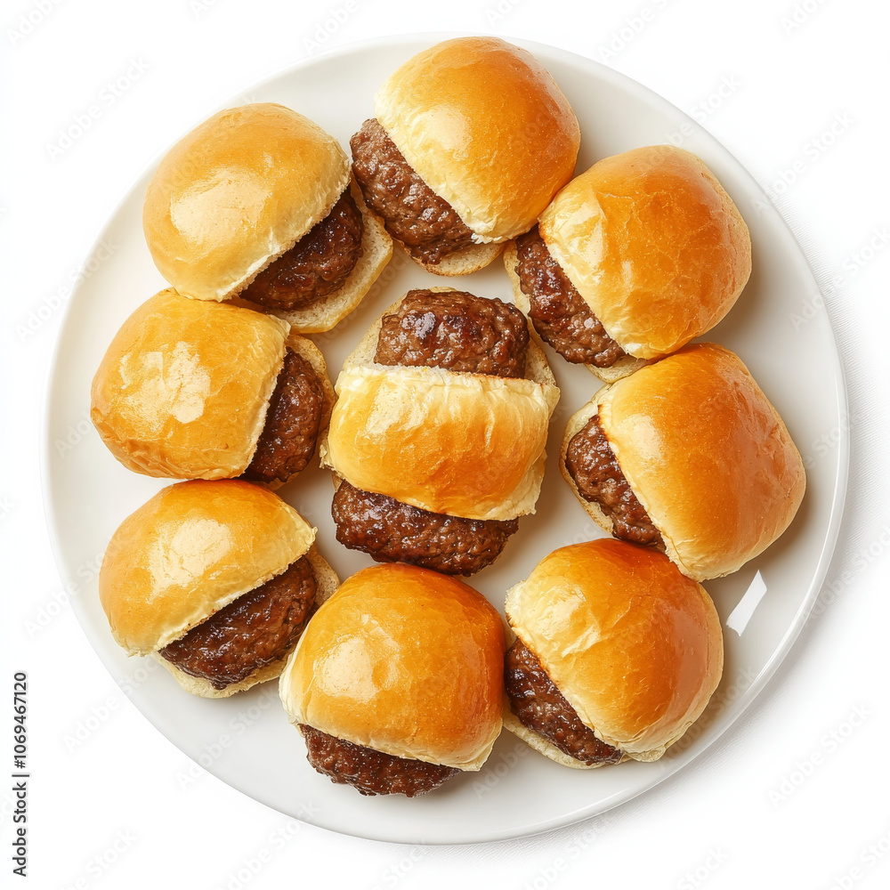 A plate of beef sliders, isolated on a white background, showcasing mini hamburgers