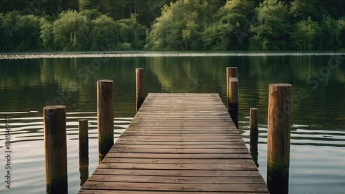 Tranquil wooden dock extending into calm waters surrounded by greenery.