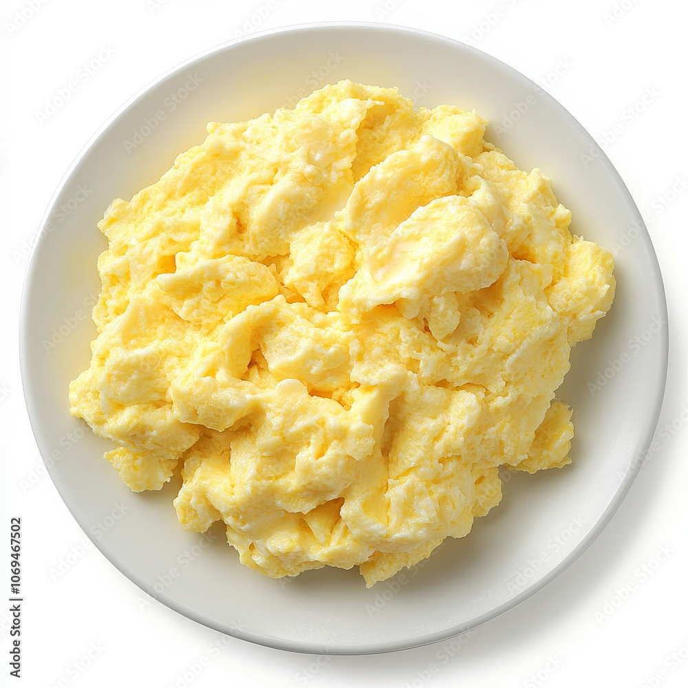 A plate of fluffy scrambled eggs, isolated on a white background, highlighting a breakfast classic A plate of fluffy scrambled eggs, isolated on a white background, highlighting a breakfast classic