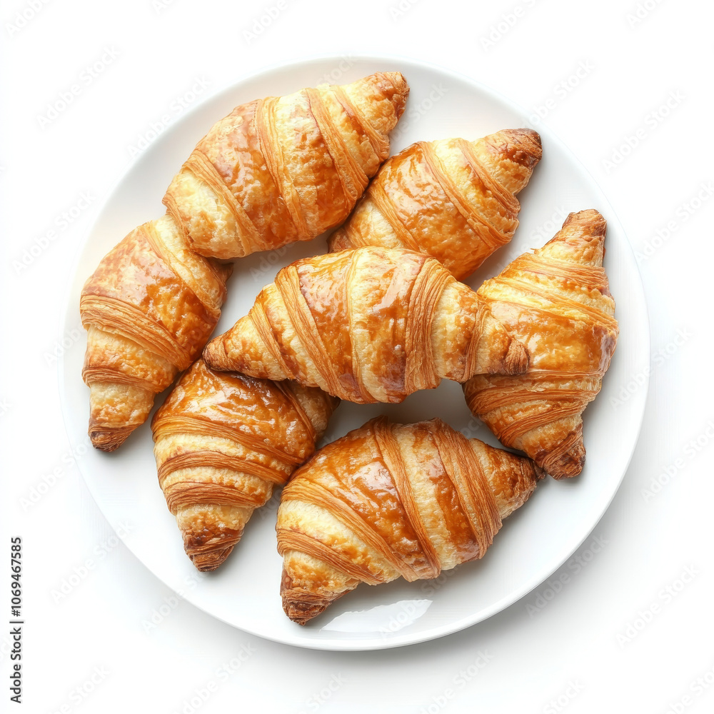A plate of freshly baked croissants, isolated on a white background, highlighting a buttery pastry