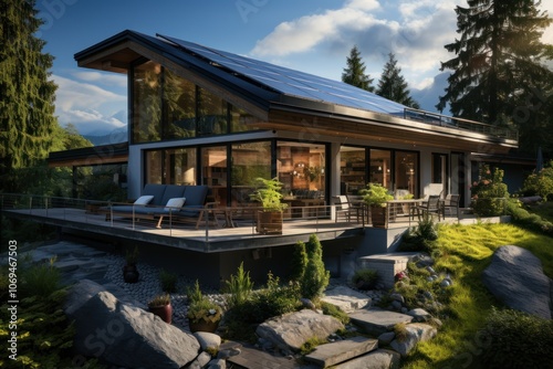 Modern house with solar panels on the roof, a wooden deck, and a garden with stone steps and a mountain view.