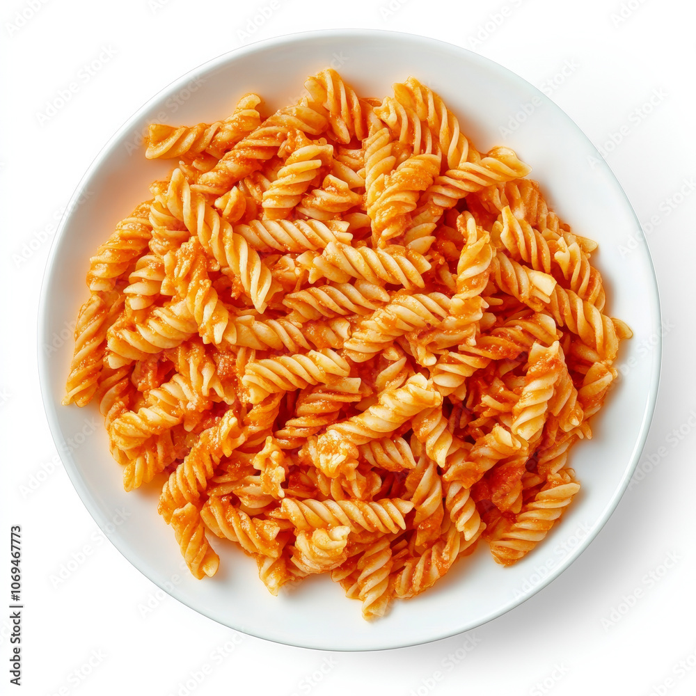 A plate of pasta with marinara sauce, isolated on a white background, highlighting a classic Italian dish