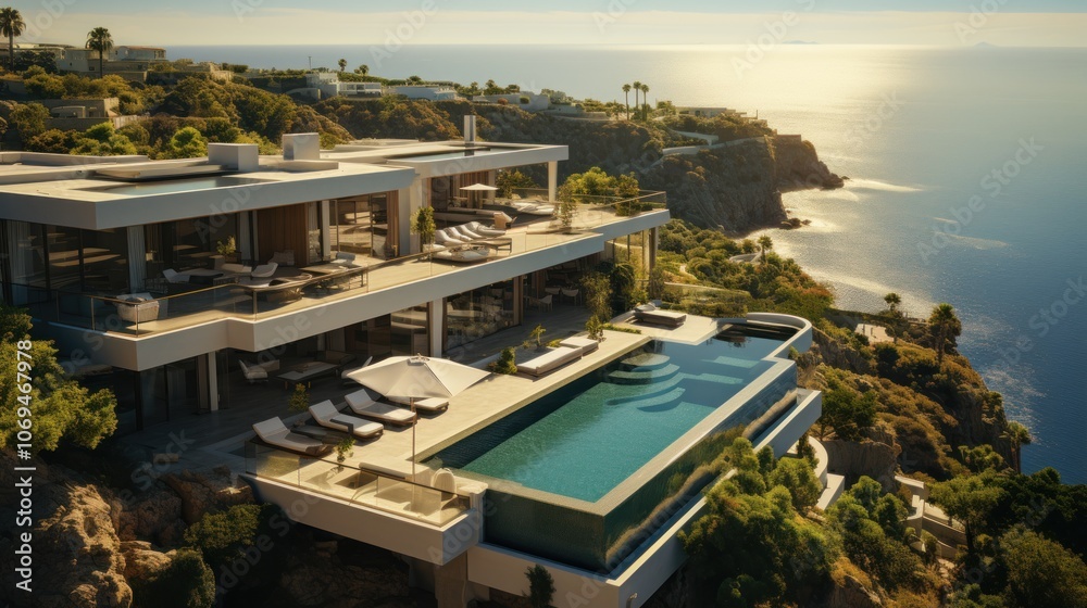 Modern luxury villa overlooking the sea with an infinity pool and a beautiful sunset. Modern luxury villa overlooking the sea with an infinity pool and a beautiful sunset.