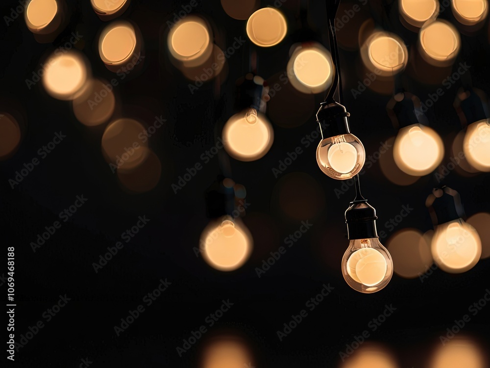 Warm, glowing light bulbs hanging against a dark background. Warm, glowing light bulbs hanging against a dark background.