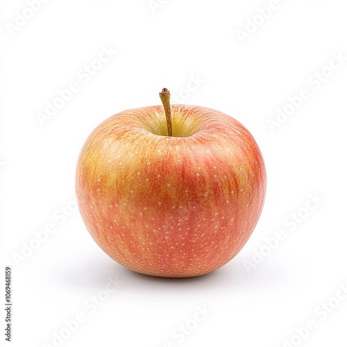 A single crisp Fuji apple, isolated on a white background, emphasizing a classic snack