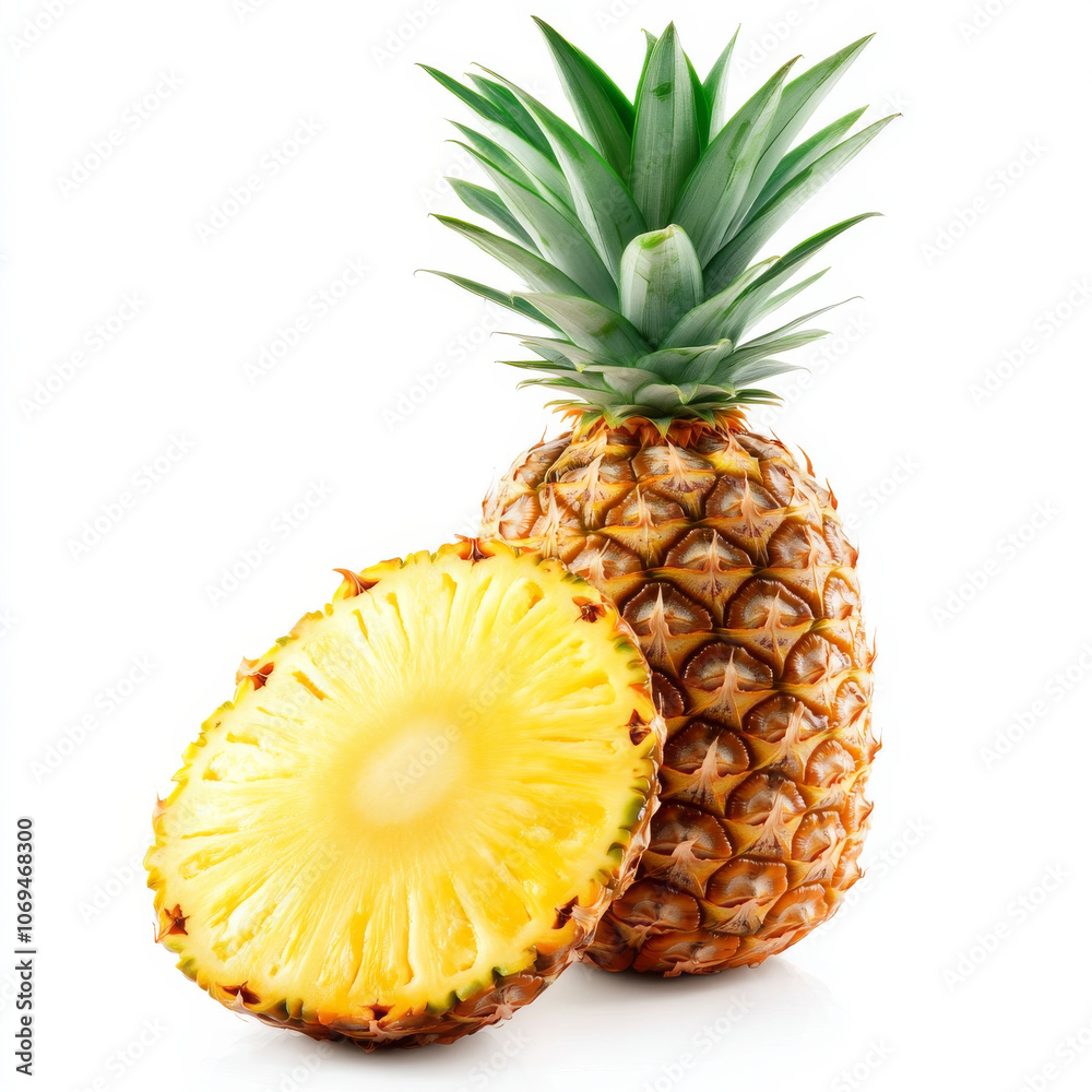 A single golden pineapple slice, isolated on a white background, showcasing a tropical fruit favorite A single golden pineapple slice, isolated on a white background, showcasing a tropical fruit favorite
