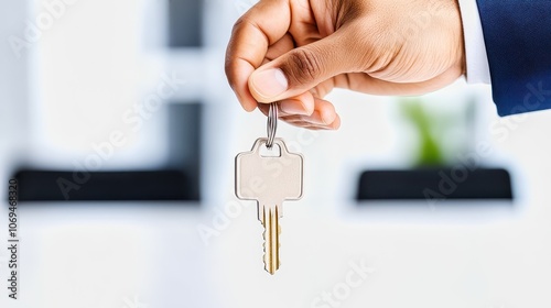 Real estate agent holding new house key in modern office: