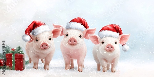 Three adorable pigs wearing Santa hats stand in a snowy setting, surrounded by festive decorations, embodying a playful holiday spirit.