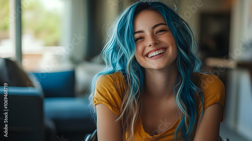 Smiling Woman with Blue Hair - Photo