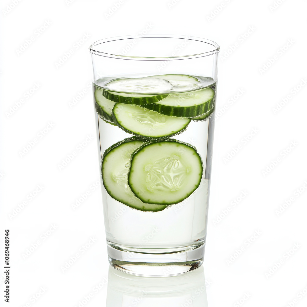 A glass of cool cucumber water, isolated on a white background, emphasizing a refreshing beverage A glass of cool cucumber water, isolated on a white background, emphasizing a refreshing beverage