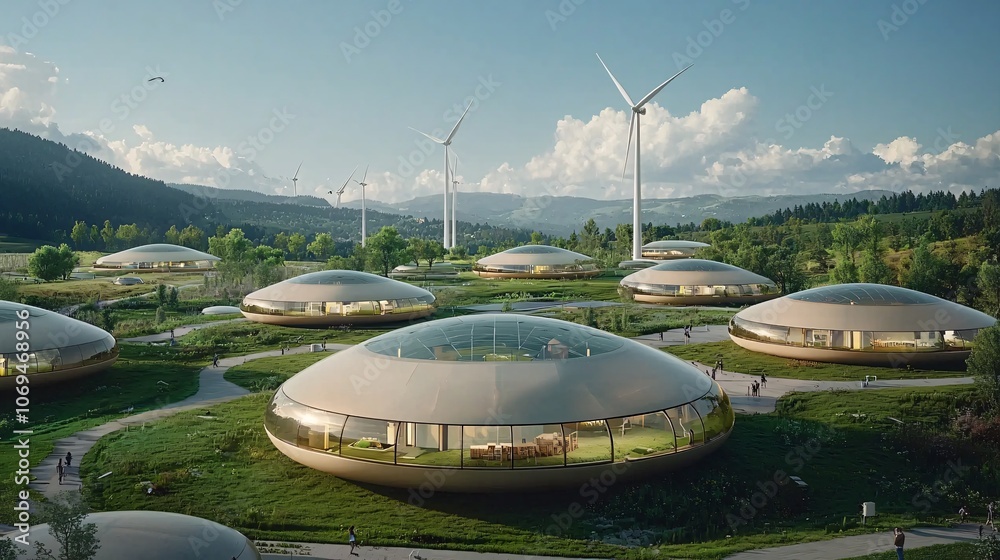 Large biogas domes with wind turbines in the background, symbolizing an integrated renewable energy landscape. 8K Large biogas domes with wind turbines in the background, symbolizing an integrated renewable energy landscape. 8K