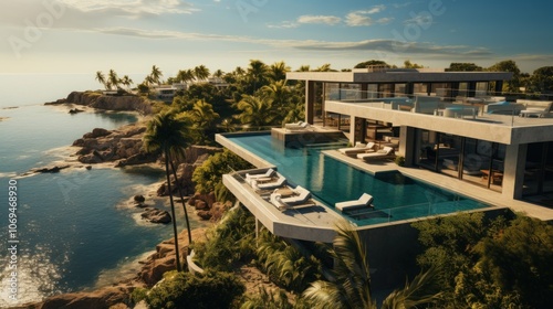 An aerial view of a luxurious modern house with a large infinity pool overlooking the ocean.