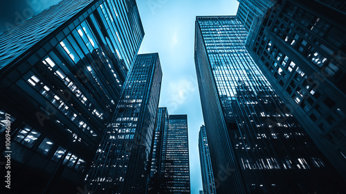 Monochromatic View of a Financial District During Twilight, with Buildings Illuminated