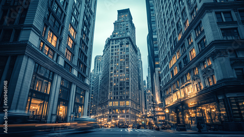 Monochromatic View of a Financial District During Twilight, with Buildings Illuminated