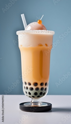 Iced bubble tea with tapioca pearls and creamy foam in a glass on blue background