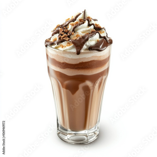 A glass of chocolate milkshake, isolated on a white background, showcasing a sweet treat