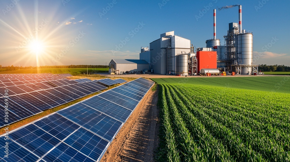 Overview of a biogas production facility with adjacent farmland and solar panels, showcasing diversified renewable energy. 8K Overview of a biogas production facility with adjacent farmland and solar panels, showcasing diversified renewable energy. 8K