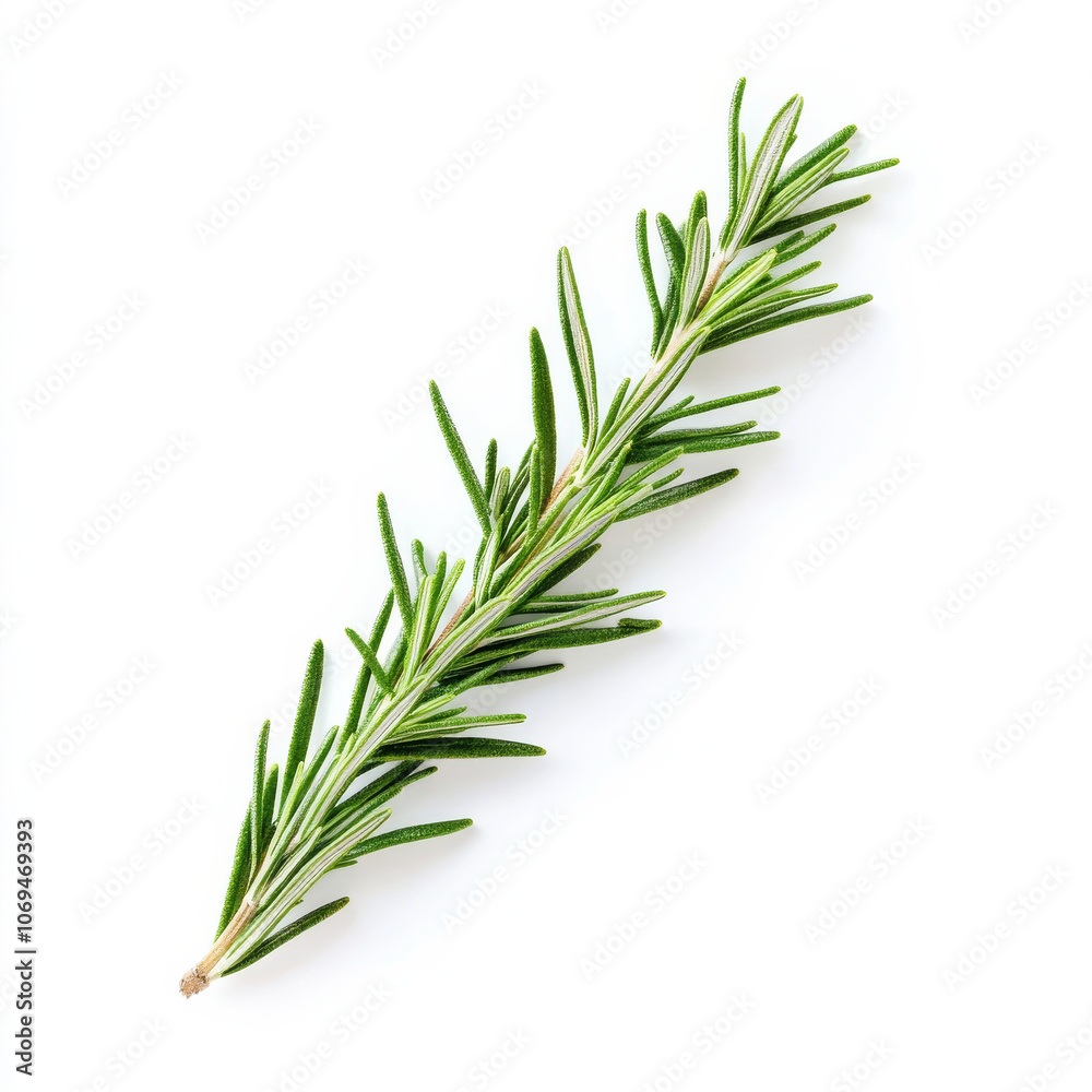 Fototapeta premium A single sprig of rosemary, isolated on a white background, highlighting a fragrant herb often used in cooking