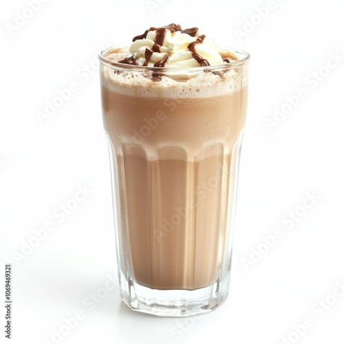 A glass of chocolate milkshake, isolated on a white background, showcasing a sweet treat