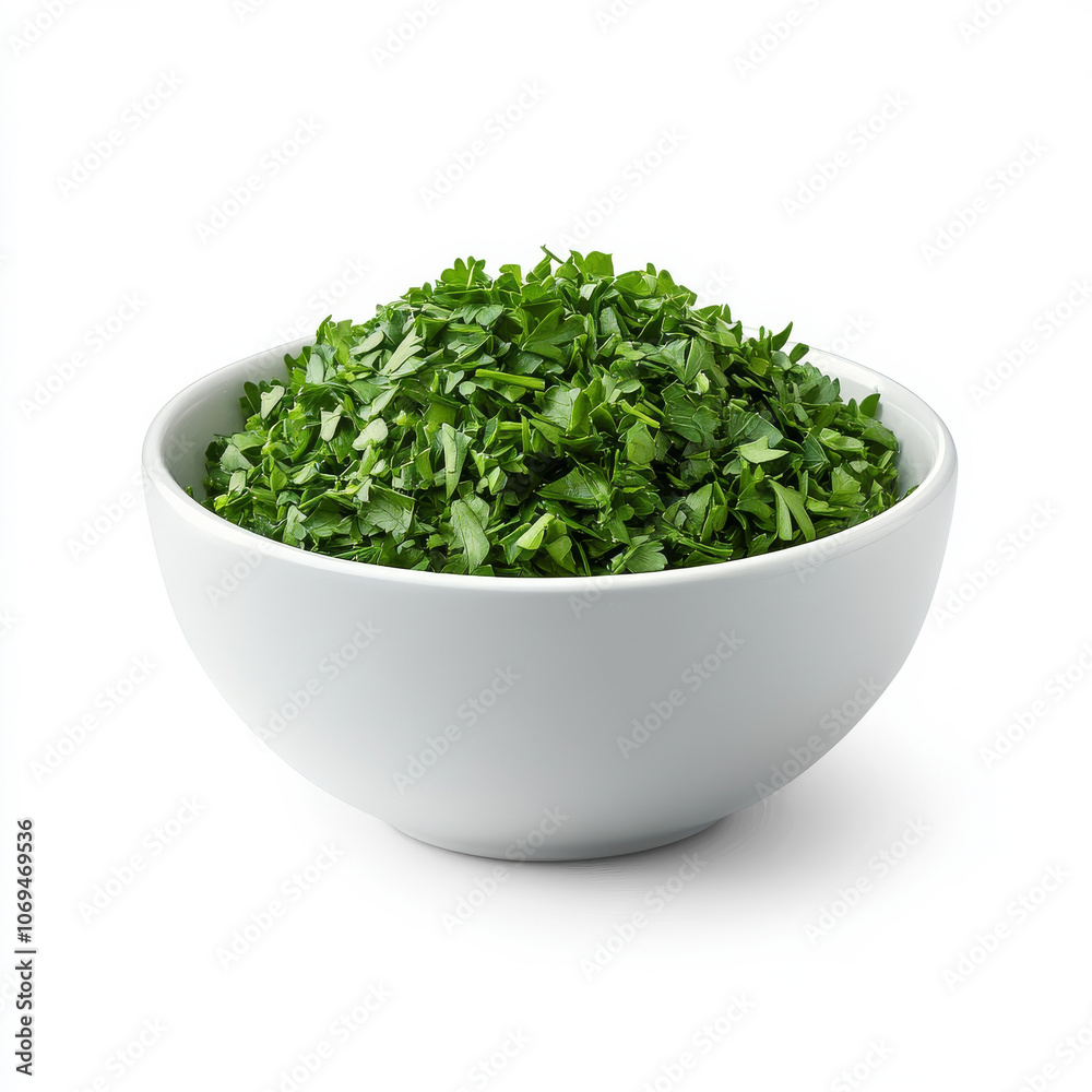 A bowl of chopped parsley, isolated on a white background, emphasizing a fresh and vibrant herb A bowl of chopped parsley, isolated on a white background, emphasizing a fresh and vibrant herb