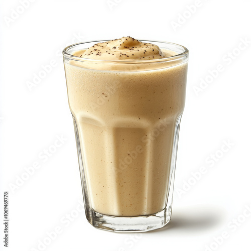 A glass of creamy banana smoothie, isolated on a white background, showcasing a nutritious drink