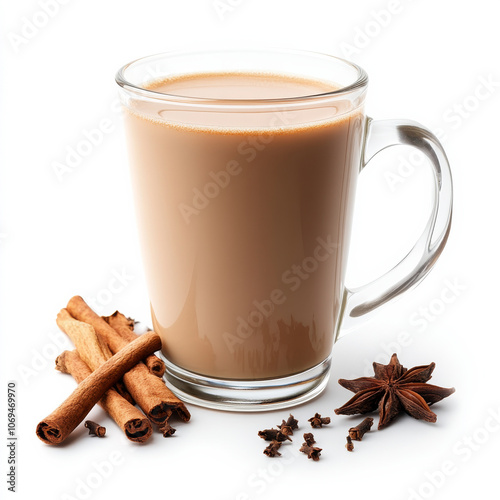 A glass of spiced chai latte, isolated on a white background, highlighting a warming beverage