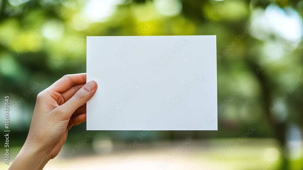 Hand Holding Blank White Note Paper Against Soft-Focus Background, Highlighting Simplicity and Creative Potential Hand Holding Blank White Note Paper Against Soft-Focus Background, Highlighting Simplicity and Creative Potential