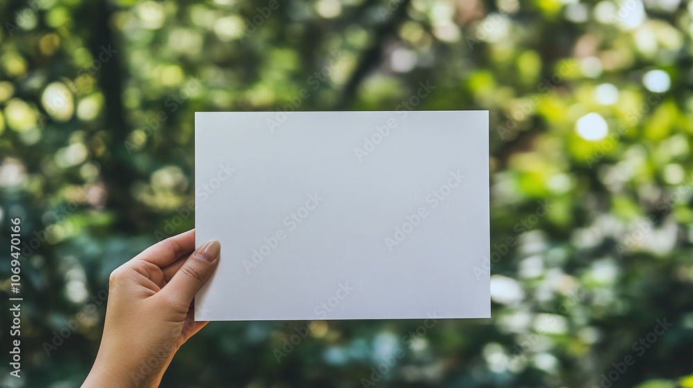 Hand Holding Blank White Note Paper Against Soft-Focus Background, Highlighting Simplicity and Creative Potential Hand Holding Blank White Note Paper Against Soft-Focus Background, Highlighting Simplicity and Creative Potential