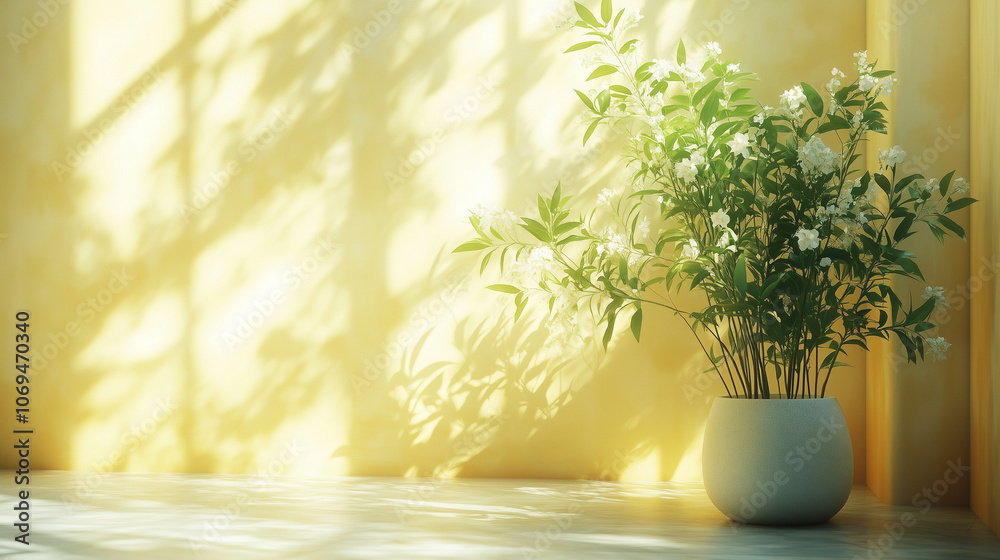 plant in a vase with light yellow background, interior home design plant in a vase with light yellow background, interior home design