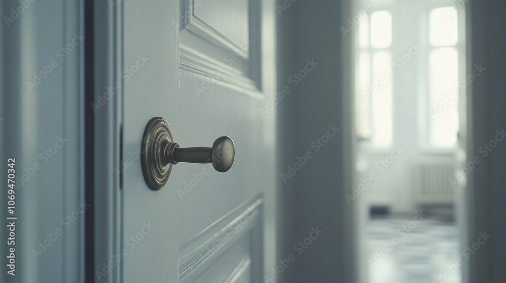 Obraz premium Stylish Modern Door Handle on White Door in Bright, Airy Room Interior, Highlighting Elegance and Design