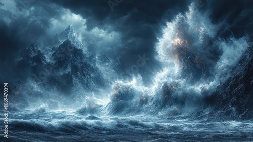 A dramatic, dark, and stormy seascape with towering waves and a luminous, glowing cloud formation.