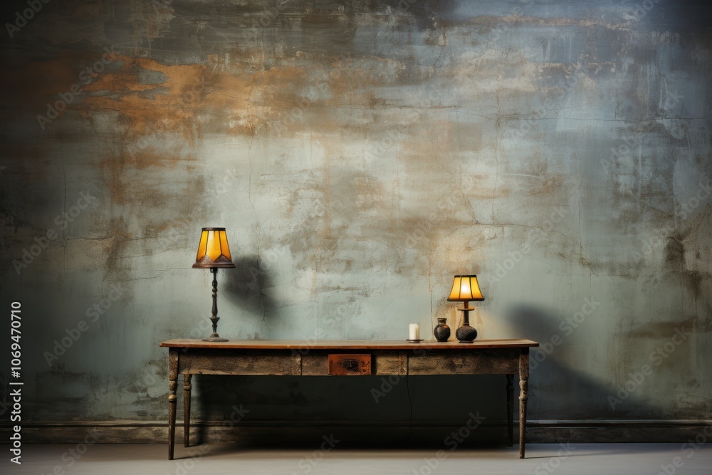A wooden table with two lamps sits in front of a textured, blue and green wall. A wooden table with two lamps sits in front of a textured, blue and green wall.
