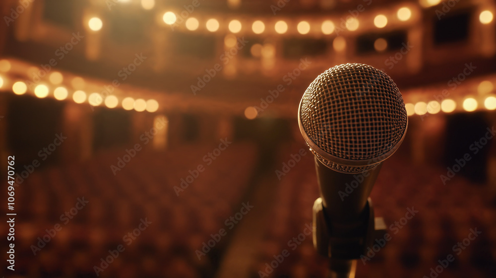 Close-up of a microphone for a performance on stage with blurred audience seating in a concert, theater, or opera hall, ideal for performance or event concepts. Selective focus on a microphone.