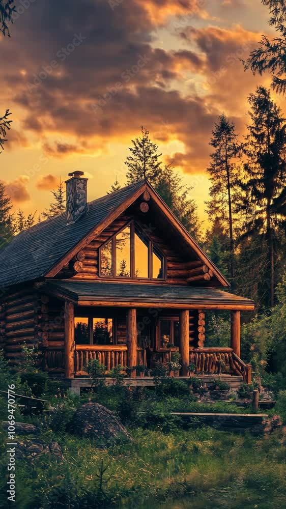 Golden sunset illuminating a rustic wooden cabin nestled in a serene forest
