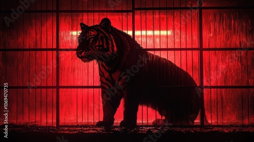 A tiger sits in a cage, illuminated by red light. The cage bars create a sense of confinement and isolation. photo